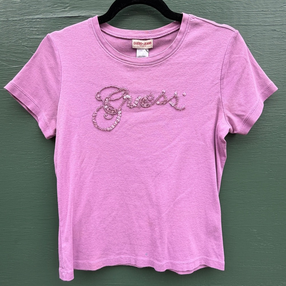 Vintage Guess Jeans Y2K Purple Beaded Logo Baby Tee Cotton Bling Short Sleeve S